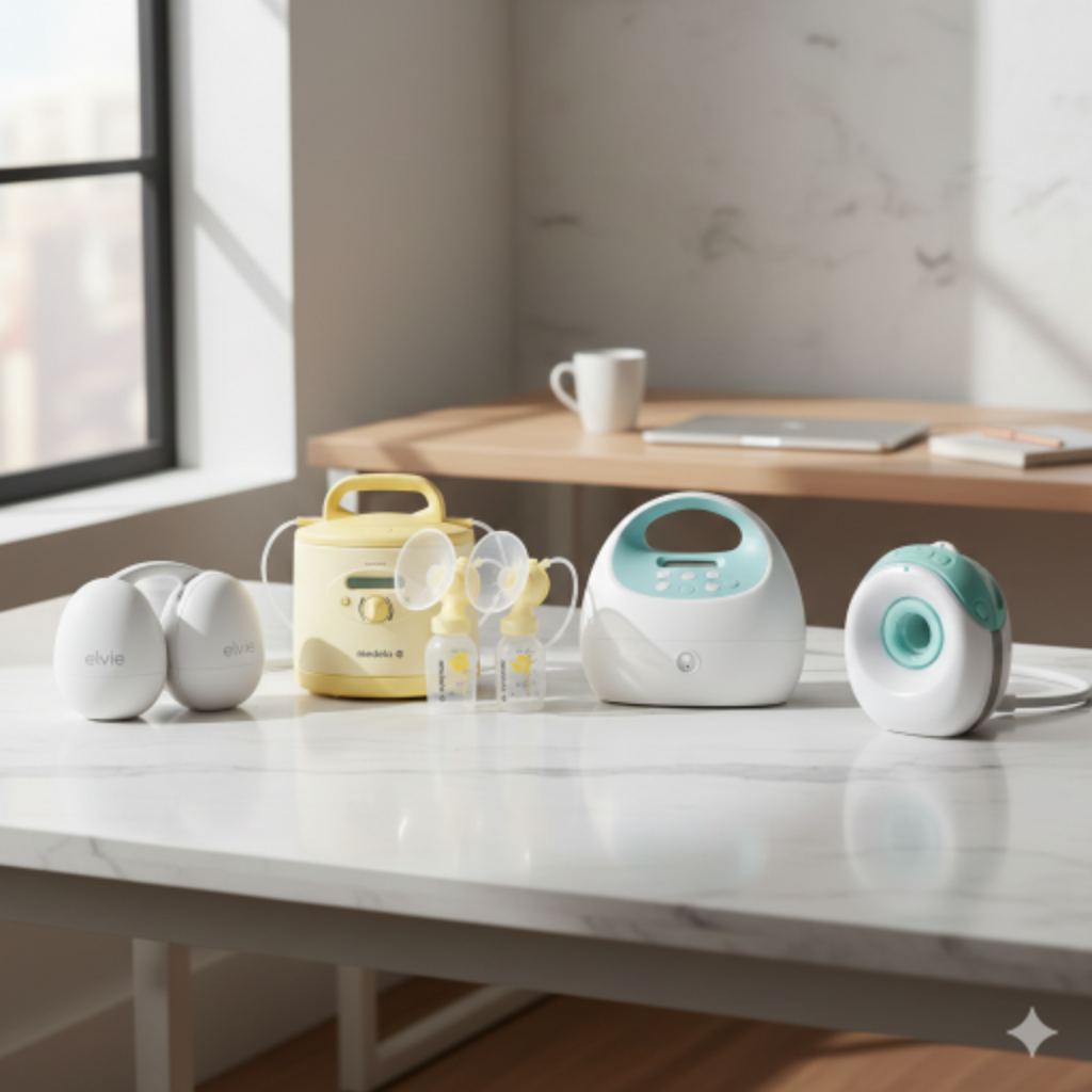 Comparison of four best breast pumps for working moms showing Elvie, Spectra, Willow and Medela pumps side by side |ORION