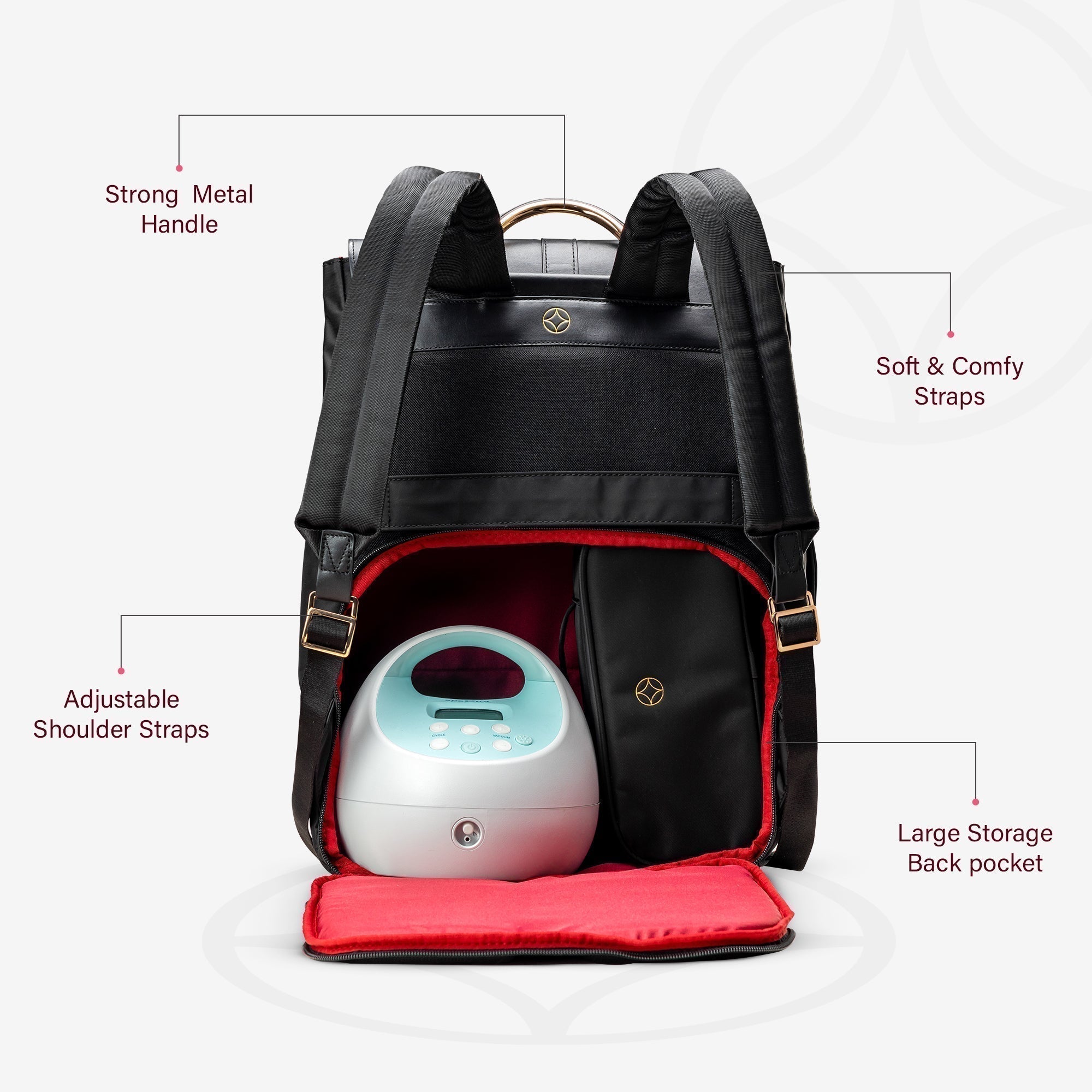 Back view of the Kimberly Breast Pump Backpack with the Discreet Access to Pump Open
