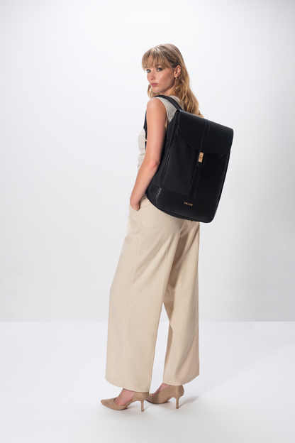 The Kimberly breast pump backpack with model - work bag for pumping moms