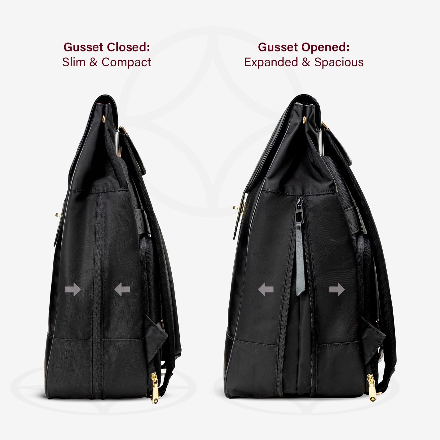 The Kimberly side view showing open and close gusset- professional pumping bag for work