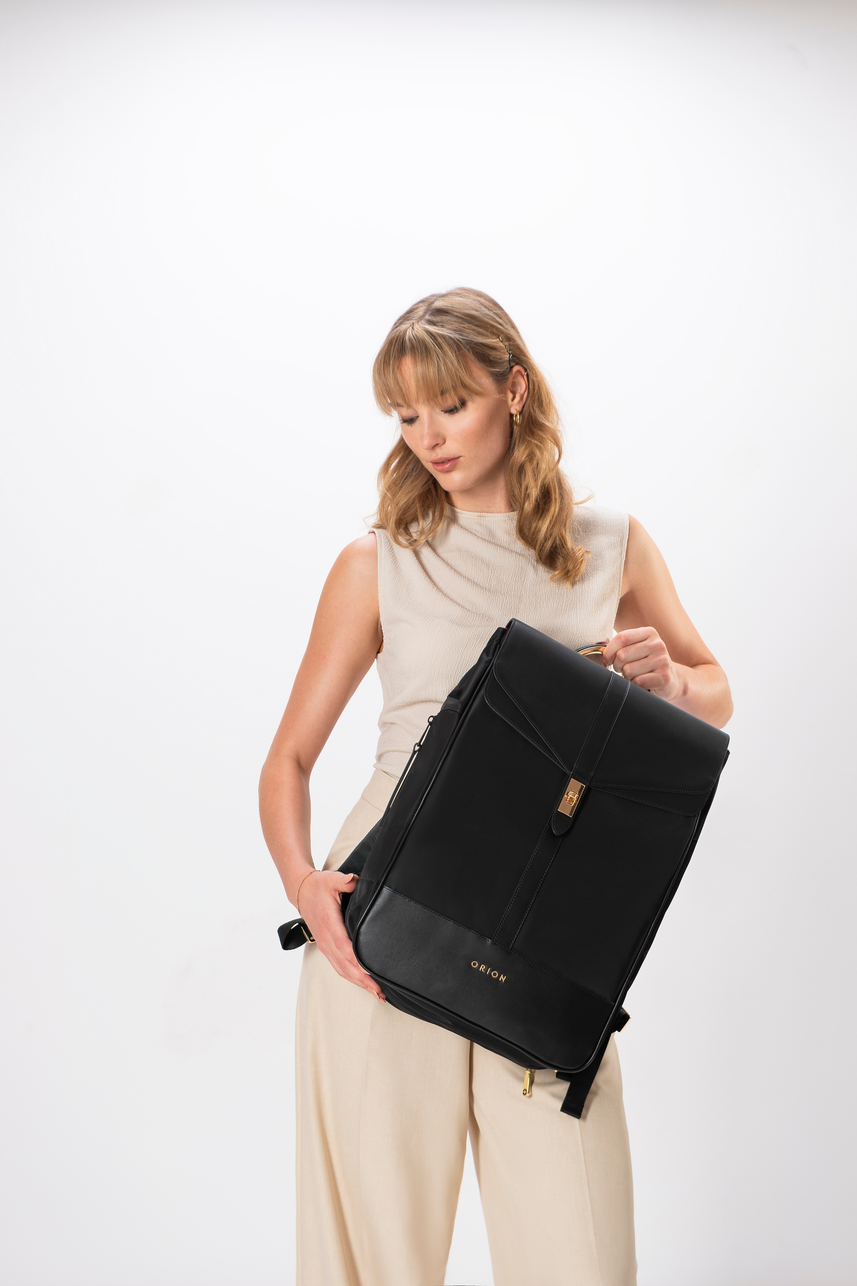 The Kimberly breast pump backpack front view with Model- professional pumping bag for work