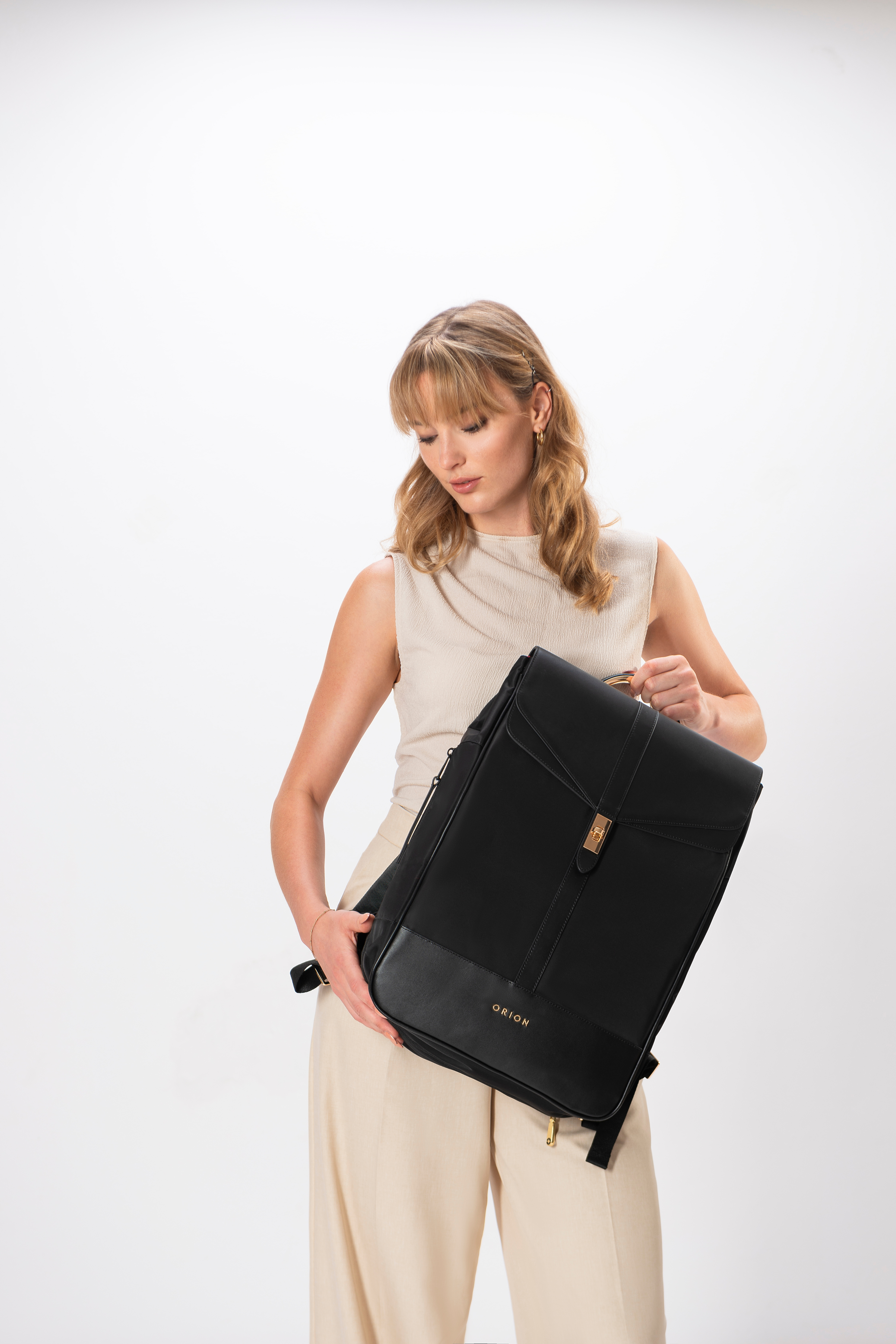 The Kimberly breast pump backpack front view with Model- professional pumping bag for work